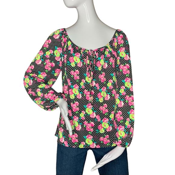 Betsey Johnson Blouse Size M Polka Dot Floral Print Long Sleeve - Picture 1 of 11